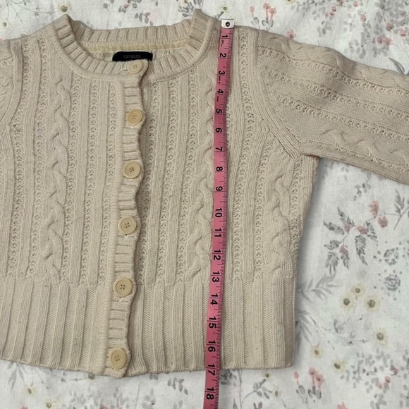 Vintage Y2k Express Merino Wool Blend Cropped Cardigan Cable Knit Button Cream - Picture 7 of 8